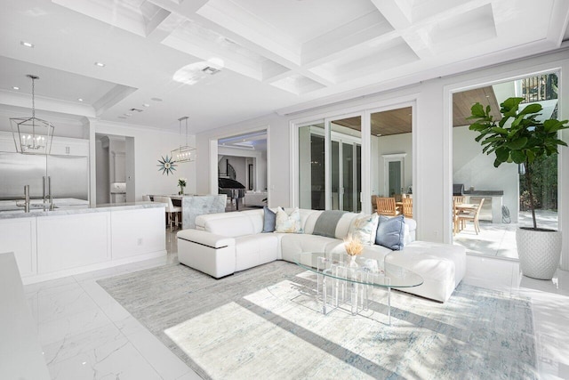 living room featuring coffered ceiling, sink, ornamental molding, and beam ceiling