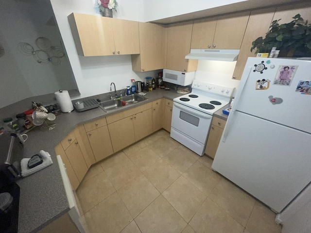 kitchen featuring light brown cabinets, light tile patterned flooring, white appliances, and sink