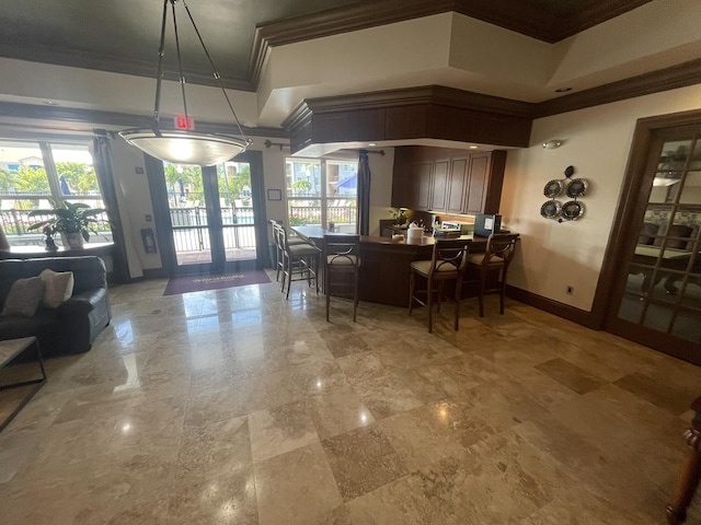 dining room with a raised ceiling, plenty of natural light, and crown molding