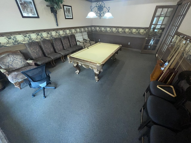 game room featuring carpet floors and pool table