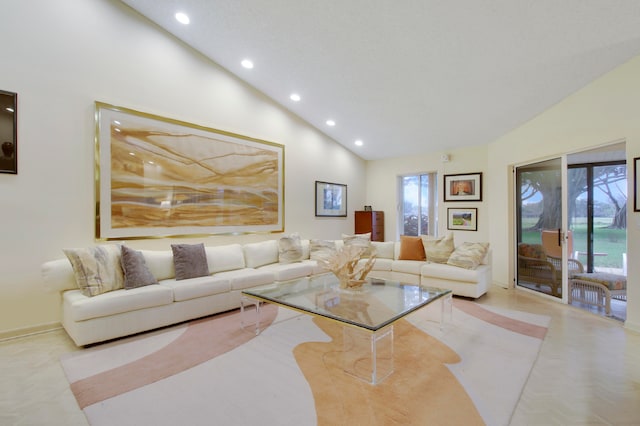 living room featuring high vaulted ceiling