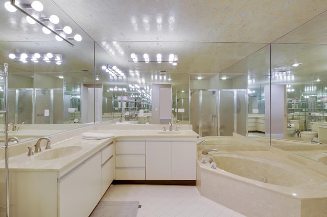 full bathroom featuring toilet, plus walk in shower, tile walls, tile patterned floors, and vanity