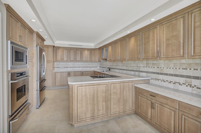 kitchen featuring sink, decorative backsplash, ornamental molding, and stainless steel appliances