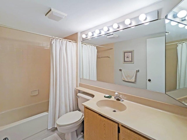 full bathroom with shower / bathtub combination with curtain, vanity, and toilet