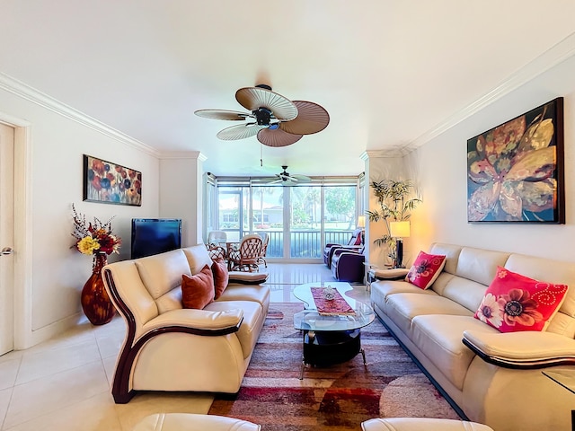 tiled living room featuring ceiling fan and ornamental molding