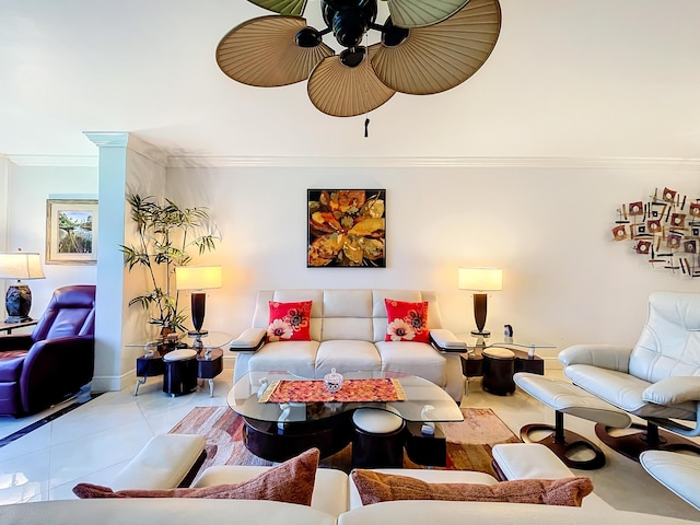 living room with light tile patterned floors and ornamental molding