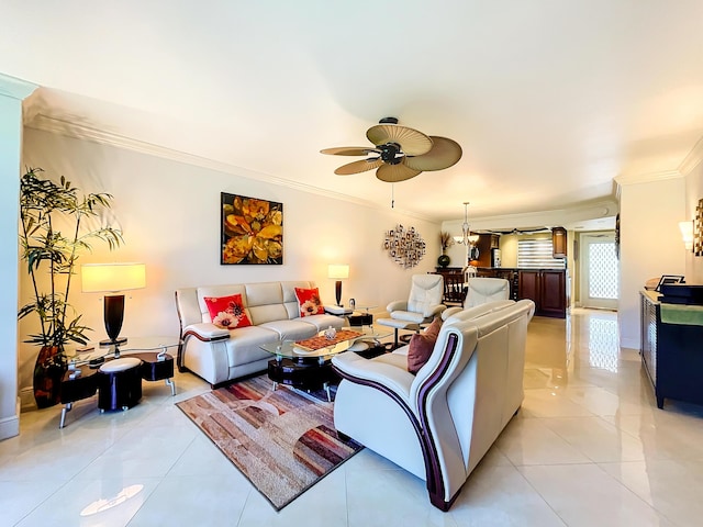 tiled living room featuring ceiling fan and crown molding