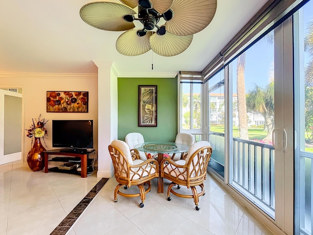 tiled dining room featuring ceiling fan