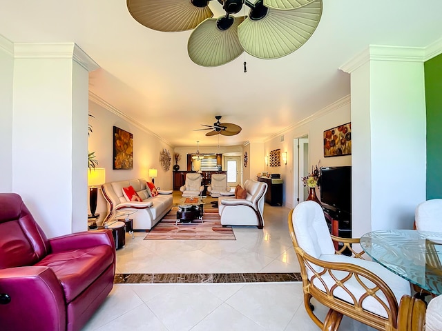 living room featuring light tile patterned floors, ceiling fan, and crown molding