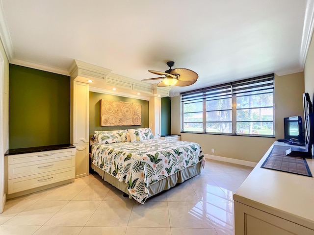 tiled bedroom featuring ceiling fan and crown molding