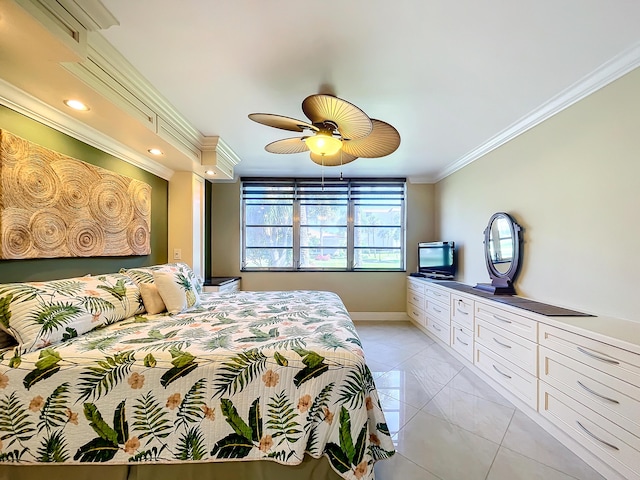 bedroom with ceiling fan, crown molding, and light tile patterned flooring