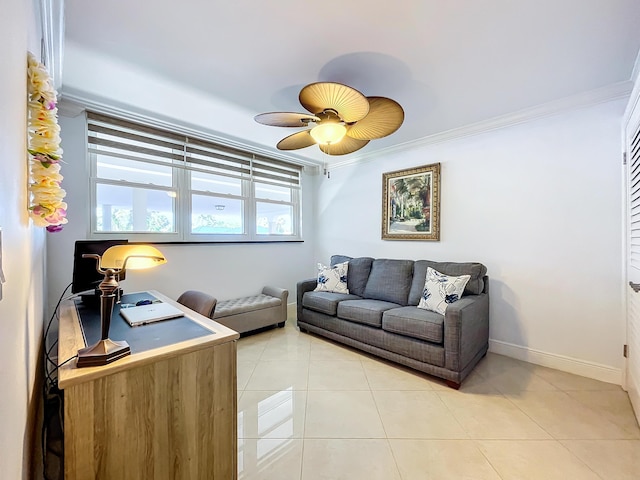 office featuring ceiling fan, light tile patterned floors, and ornamental molding