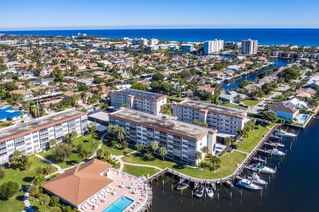 bird's eye view with a water view