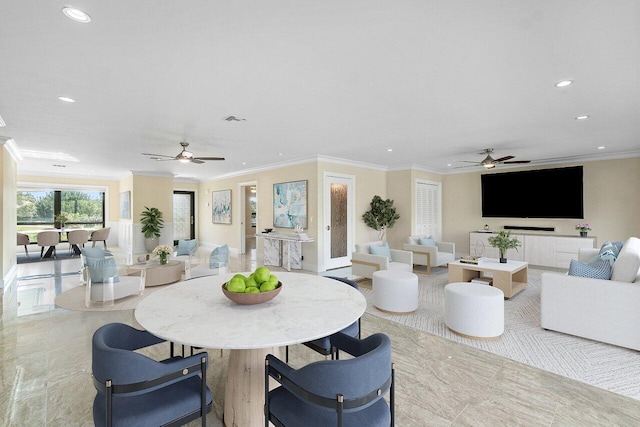 dining space featuring visible vents, recessed lighting, crown molding, and a ceiling fan