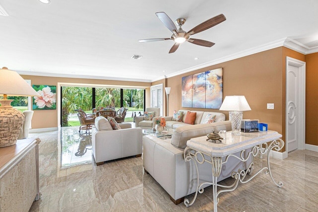 living room featuring ceiling fan and ornamental molding