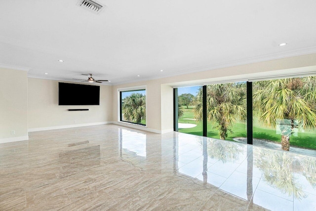 unfurnished living room featuring ceiling fan and ornamental molding