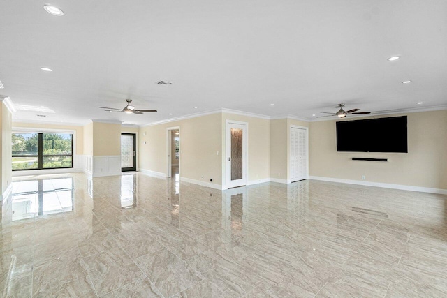 unfurnished living room featuring a ceiling fan, baseboards, recessed lighting, crown molding, and marble finish floor