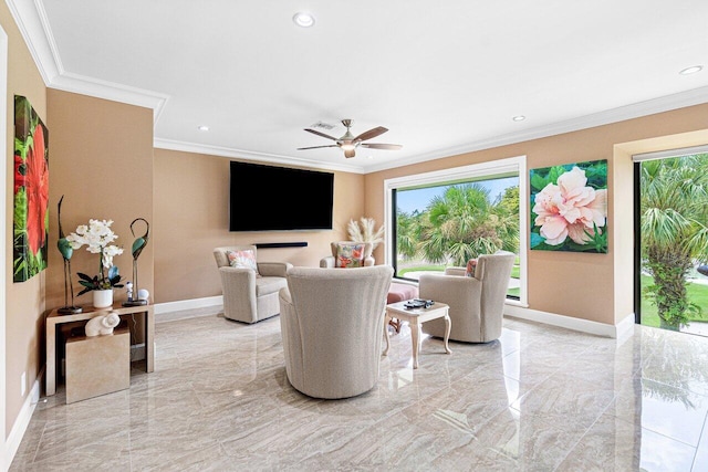 living room featuring a healthy amount of sunlight and ornamental molding