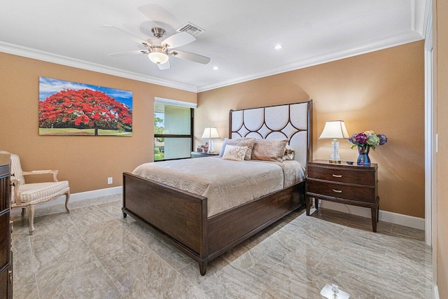 bedroom featuring ceiling fan and crown molding