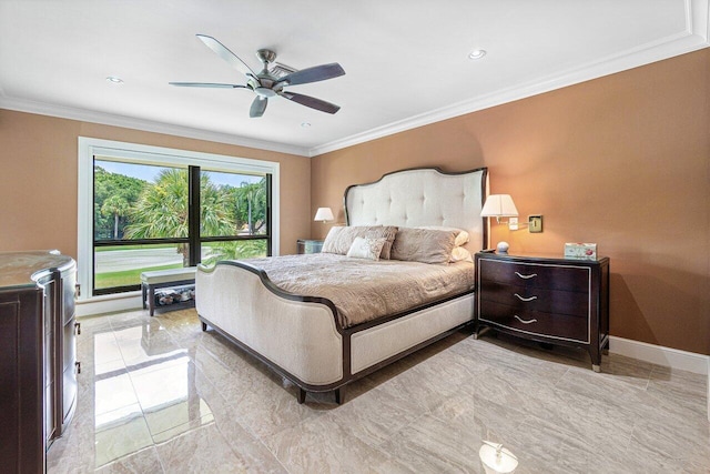 bedroom with ceiling fan and ornamental molding