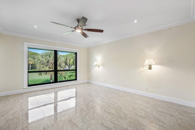 empty room with ceiling fan and crown molding