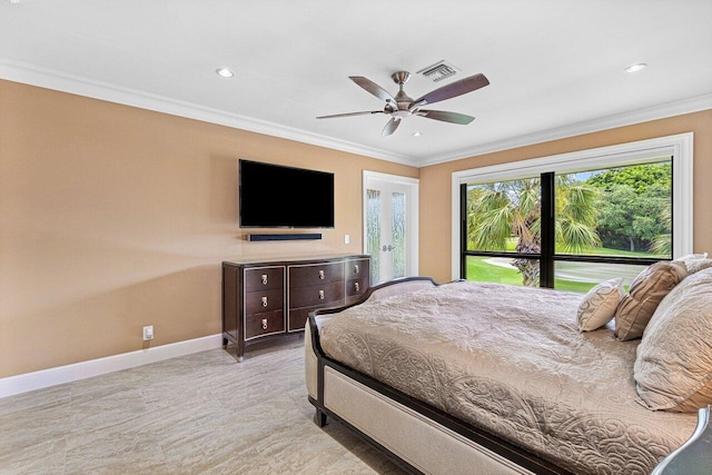 bedroom with ceiling fan, french doors, and ornamental molding