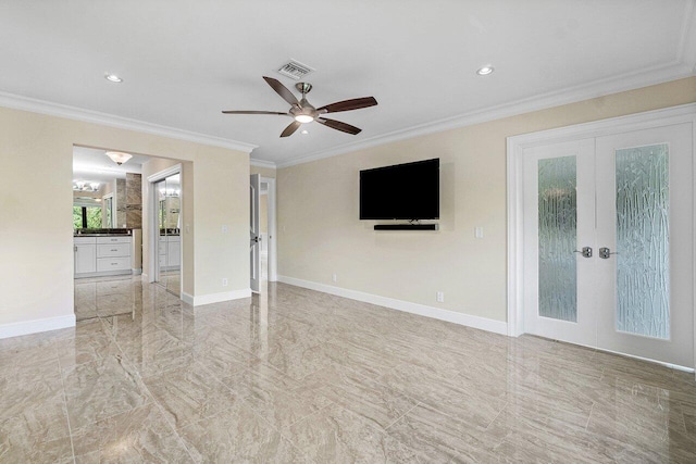 interior space featuring crown molding, french doors, and ceiling fan