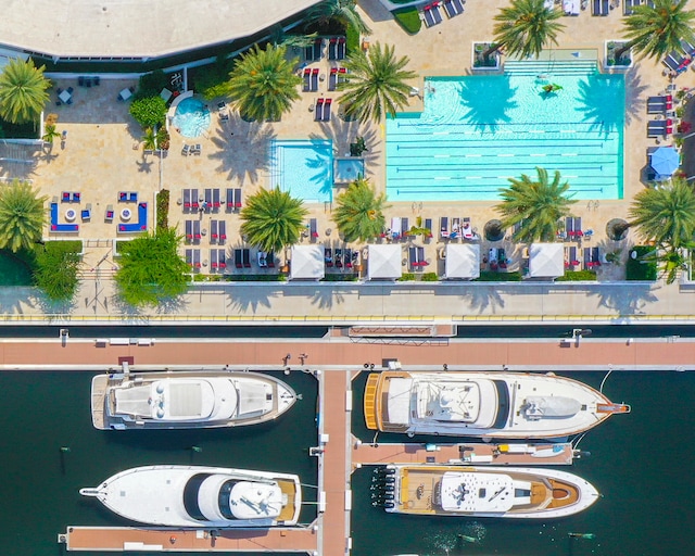 drone / aerial view featuring a water view