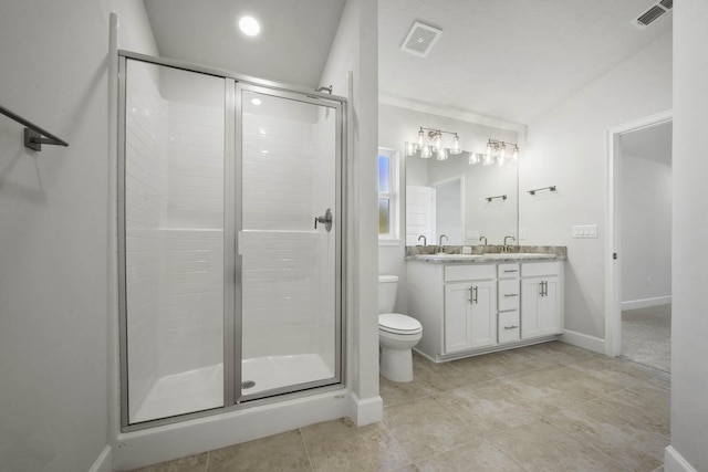 bathroom with walk in shower, tile patterned floors, lofted ceiling, toilet, and vanity