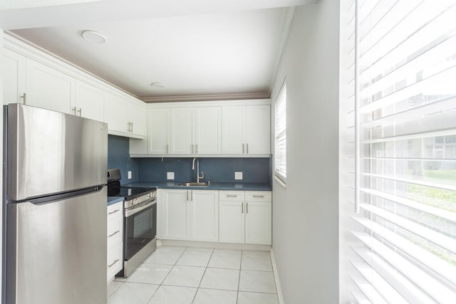 kitchen featuring stainless steel appliances, white cabinetry, tasteful backsplash, and sink