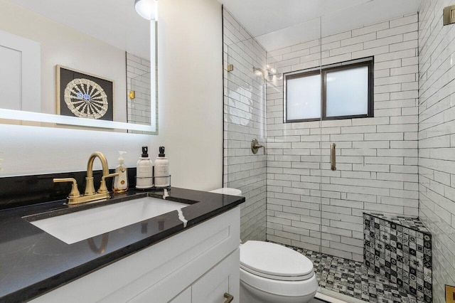 bathroom featuring vanity, toilet, and a shower with shower door