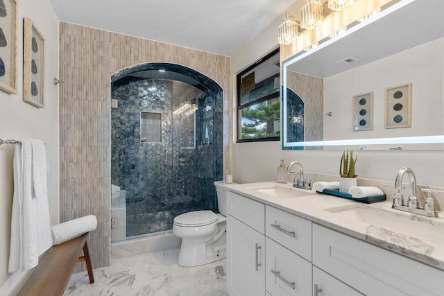 bathroom with a shower with door, vanity, and toilet