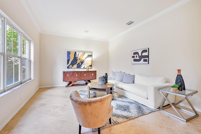 tiled living room with ornamental molding