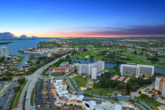 aerial view at dusk with a water view