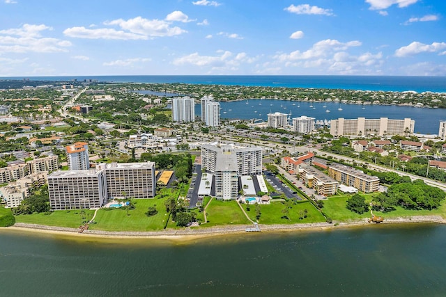 drone / aerial view featuring a water view