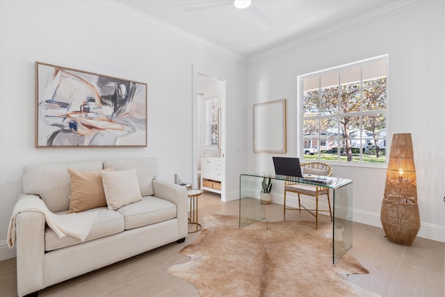 office space featuring light hardwood / wood-style flooring, ceiling fan, and ornamental molding