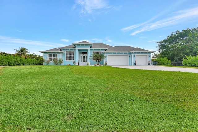 ranch-style house with a garage and a front lawn