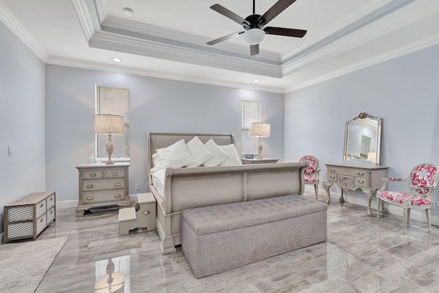 bedroom featuring a raised ceiling, ceiling fan, and crown molding