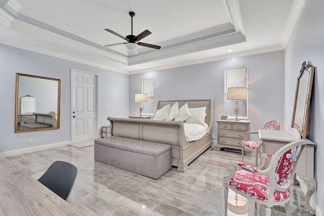 bedroom featuring ornamental molding, a raised ceiling, a ceiling fan, and baseboards