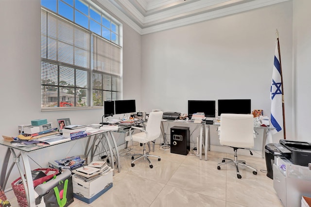 home office with light tile patterned floors and crown molding