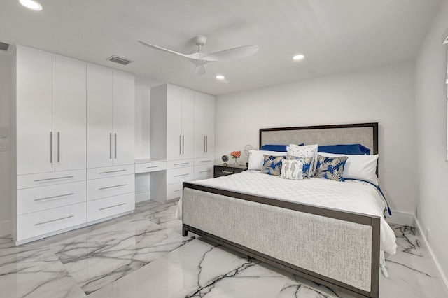 bedroom with ceiling fan and a closet