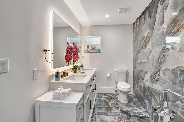 bathroom with vanity, toilet, and a shower