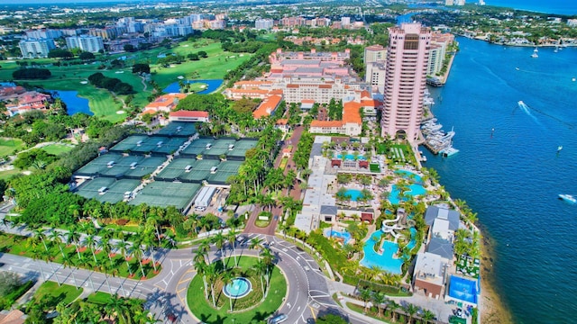 drone / aerial view featuring a water view