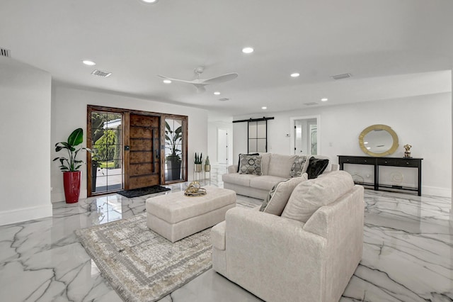 1001 W Palmetto Park Rd, Boca Raton, FL 33486 - living room featuring marble finish floor, a barn door, visible vents, and recessed lighting