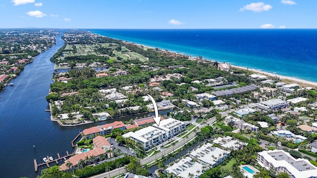 bird's eye view with a water view