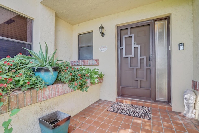 doorway to property featuring stucco siding