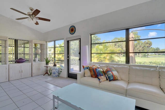 sunroom featuring ceiling fan and lofted ceiling