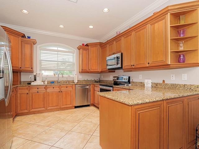 kitchen featuring crown molding, kitchen peninsula, stainless steel appliances, light stone counters, and light tile floors