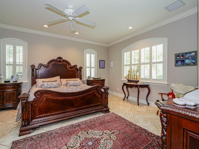 tiled bedroom featuring ornamental molding, ceiling fan, and multiple windows