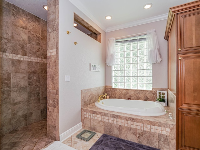 bathroom featuring tiled bath, tile flooring, and ornamental molding